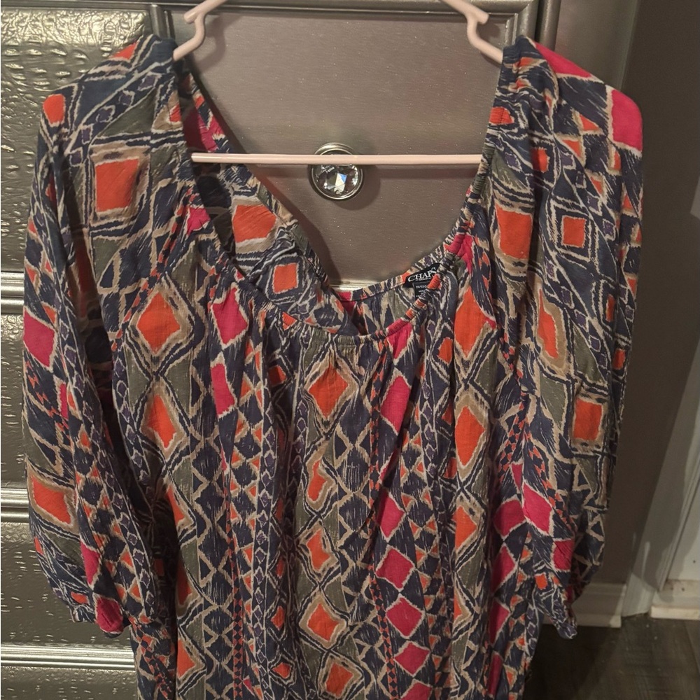 Chaps Graphic Orange and Blue 3/4 Sleeve Tunic